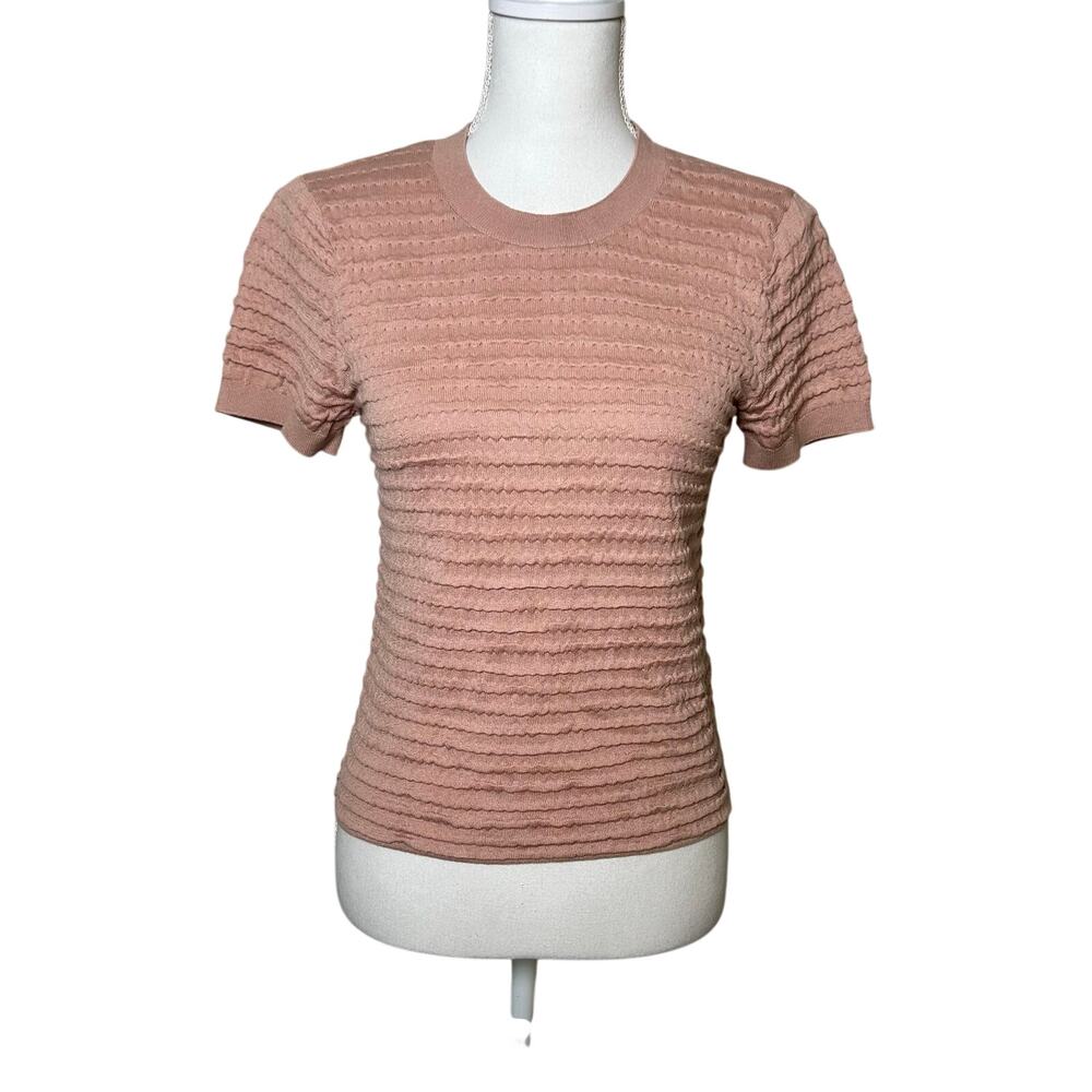 Frame womens smocked silk blend peony pink short sleeve crew neck sweater size S